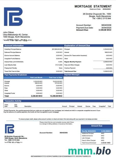 Macedonia Północna Bank Rozwoju Macedonii Północnej wyciąg z kredytu hipotecznego szablon Word i PDF